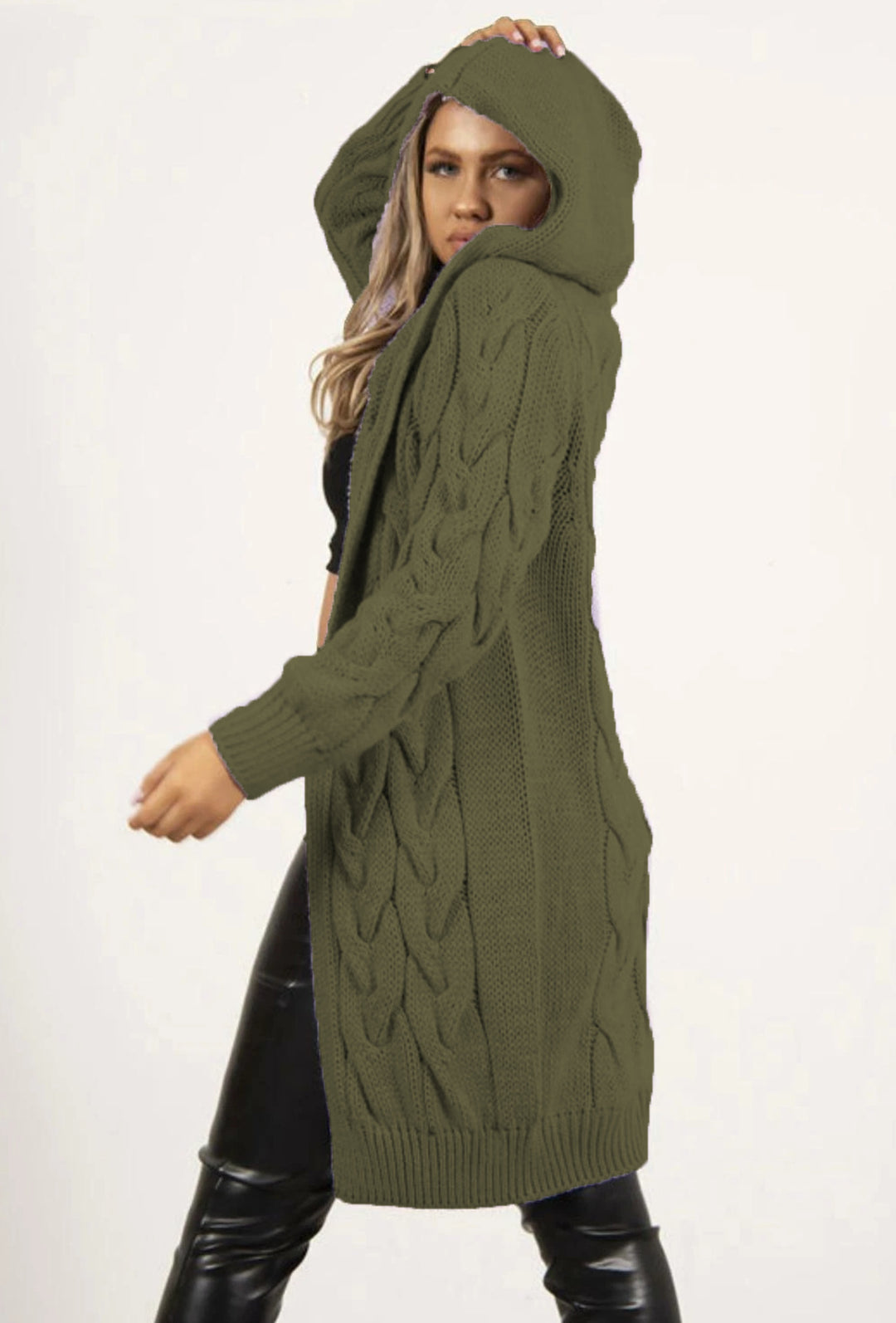Damen Strickmantel mit Kapuze und Zopfmuster Drune