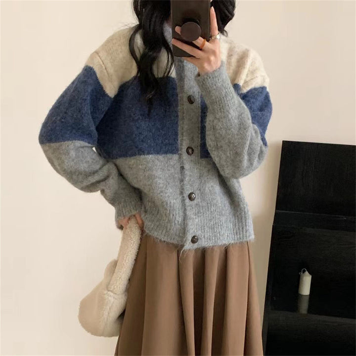 Damen Gemütlicher Strickcardigan mit Knopfverschluss und kontrastierenden Farbstreifen Drune