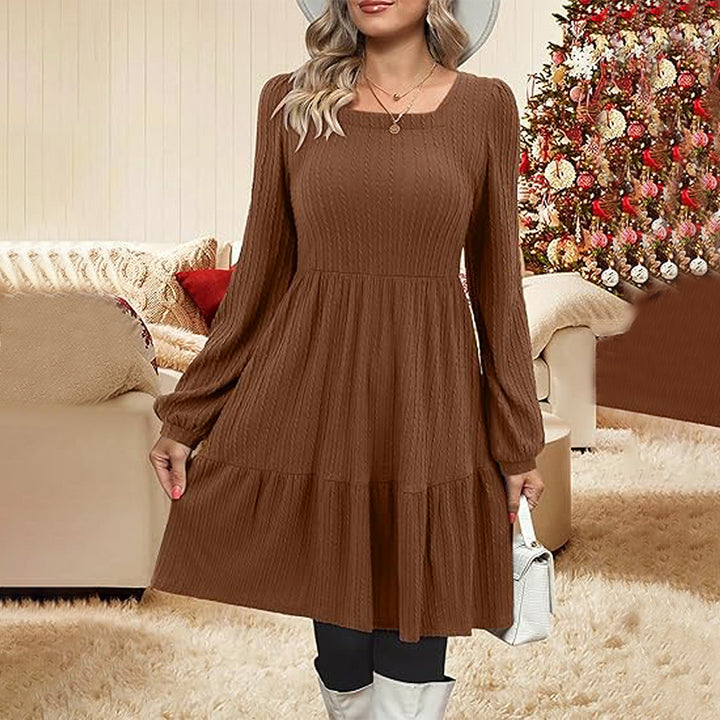 Damen lässiges Midi-Kleid mit schickem Quadrat-Ausschnitt und gerafften Ärmeln Drune
