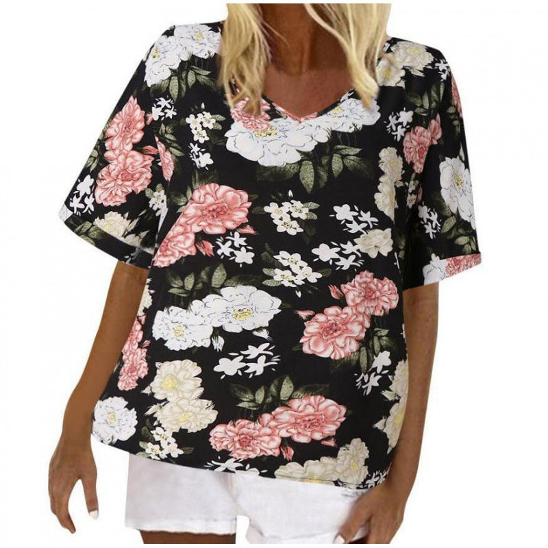 Damen Blumendesign T-Shirt mit V-Ausschnitt und lockerer Passform Drune