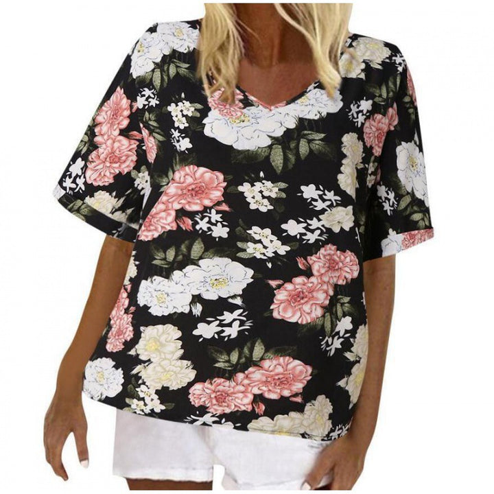 Damen Blumendesign T-Shirt mit V-Ausschnitt und lockerer Passform Drune