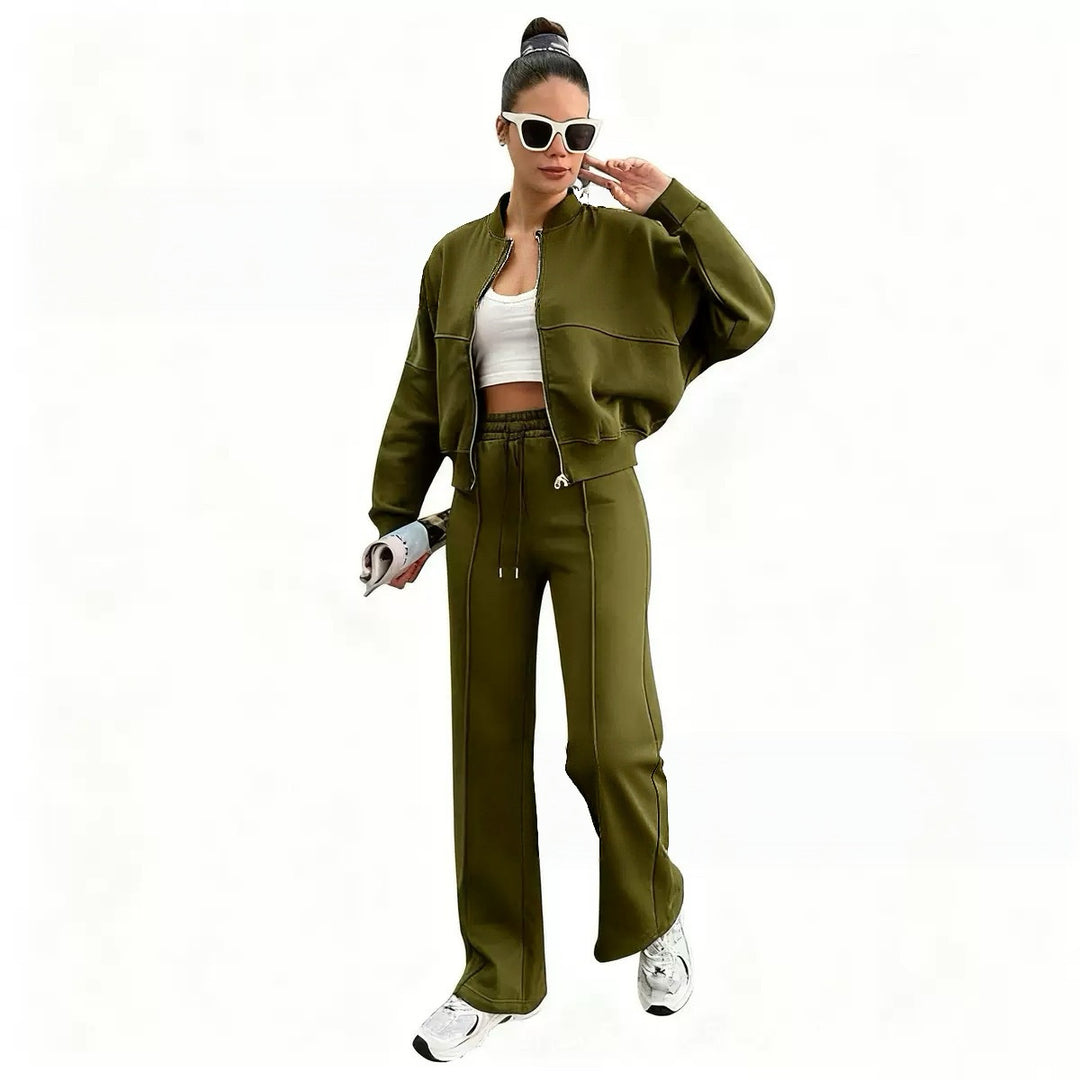 Damen nan kurz geschnittenes Blouson mit Reißverschluss und weiter High-Waist Jogginghose Set Drune