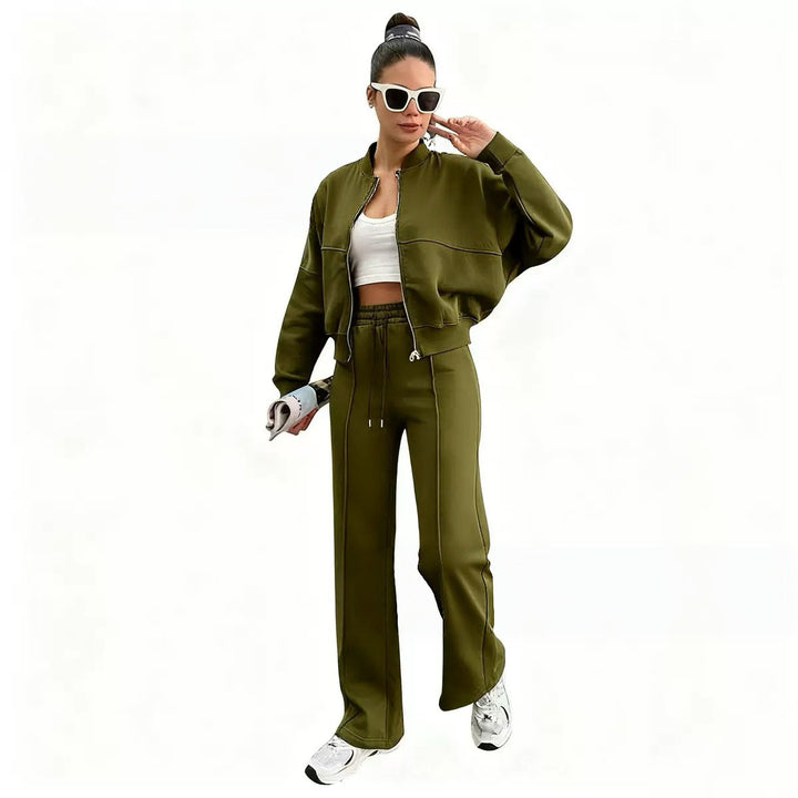 Damen nan kurz geschnittenes Blouson mit Reißverschluss und weiter High-Waist Jogginghose Set Drune