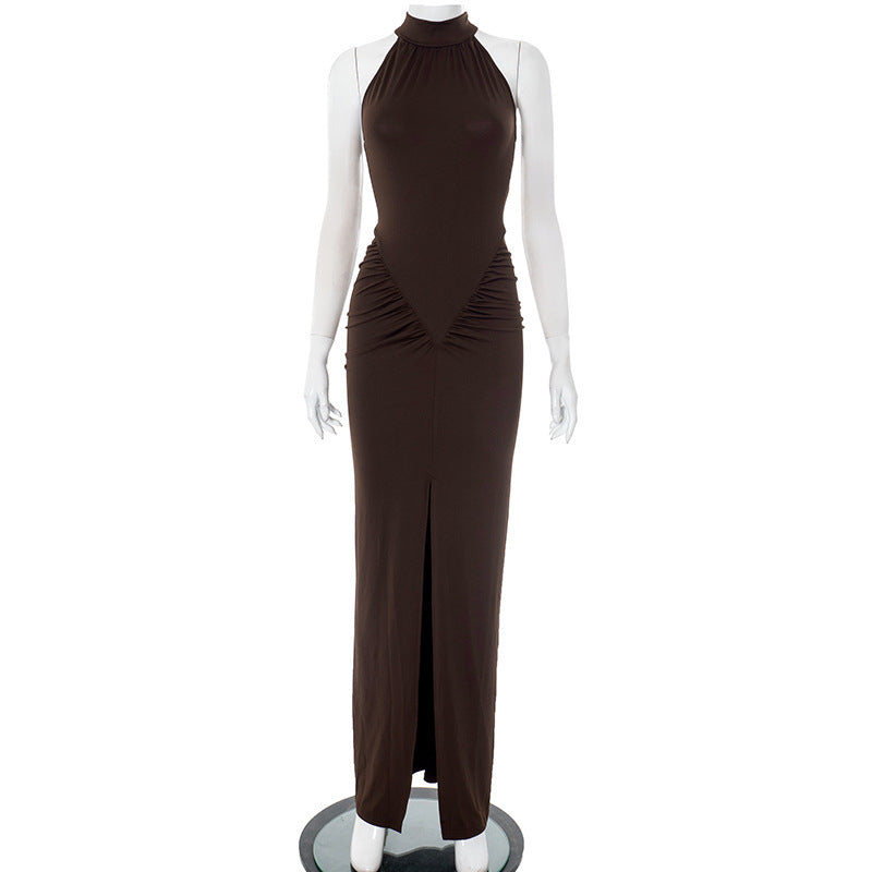 Damen elegantes Maxikleid mit hochgeschlossenem Kragen und raffinierten Raffungselementen Drune