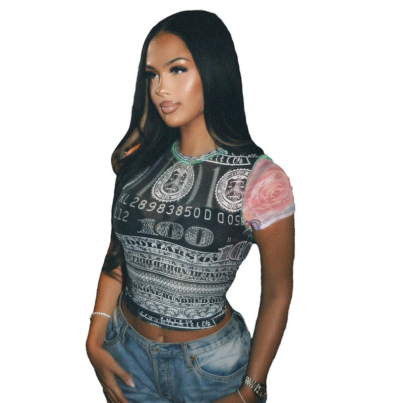 Damen Crop-Top mit kunstvollem Geldmotiv und farbenfrohem Ärmeldesign Drune