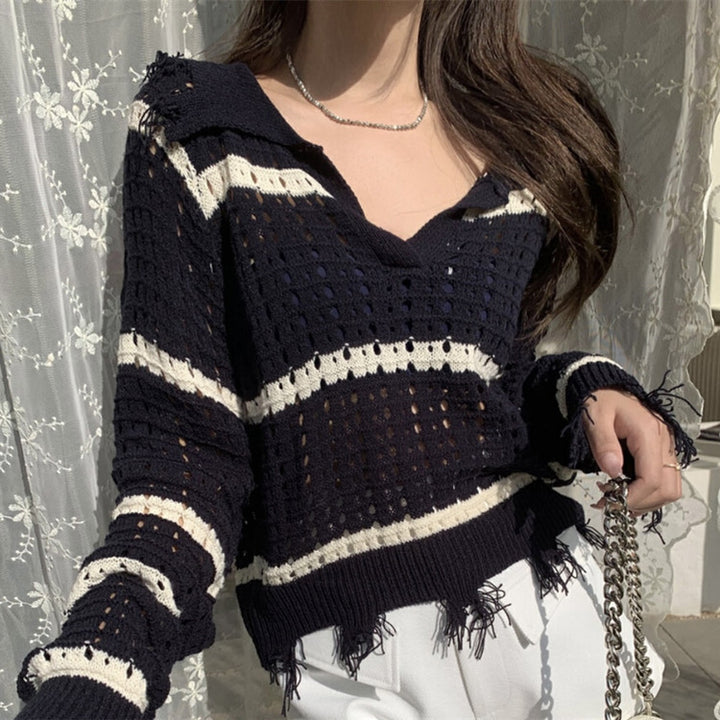 Damen luftiger Strickpullover mit modernem Netzdesign und durchgehendem Streifenmuster Drune