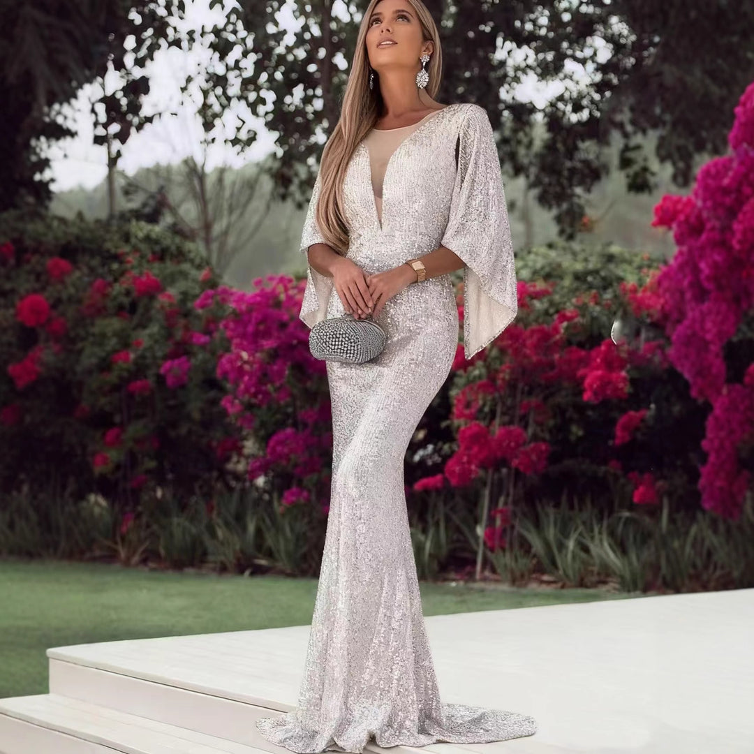 Damen Glamouröses Pailletten-Abendkleid mit tiefem V-Ausschnitt und eleganten Flügelärmeln Drune
