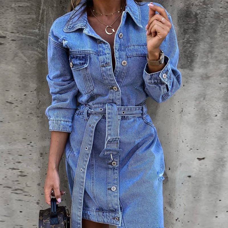 Damen Jeanshemdkleid mit tailliertem Gürtel und Knopfdetails Drune