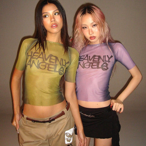 Damen transparentes Kurzarmshirt mit grafischem Schriftzug Drune