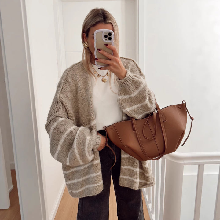 Damen Gemütliche Strickjacke mit Streifenmuster und weit geschnittenen Ärmeln Drune