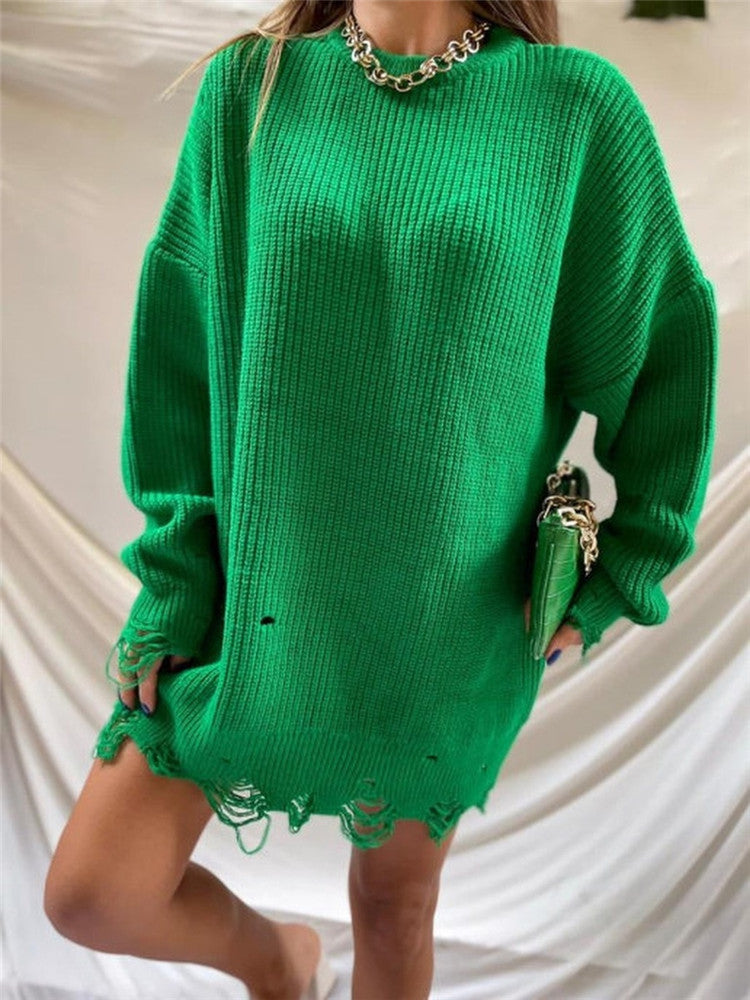 Damen lässiger Langpullover mit strukturiertem Rippdesign und offenen Säumen Drune