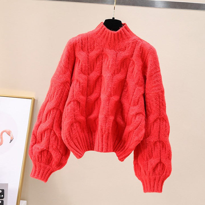 Damen kuscheliger Strickpullover mit voluminösen Ärmeln und Zopfmuster Drune
