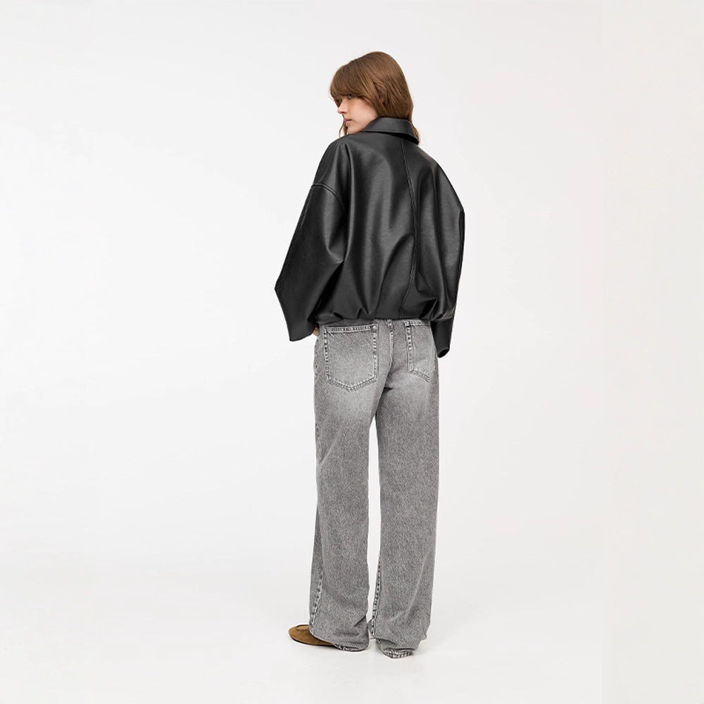 Damen Modische Kunstlederjacke mit weitem Schnitt und Taillengürtel Drune