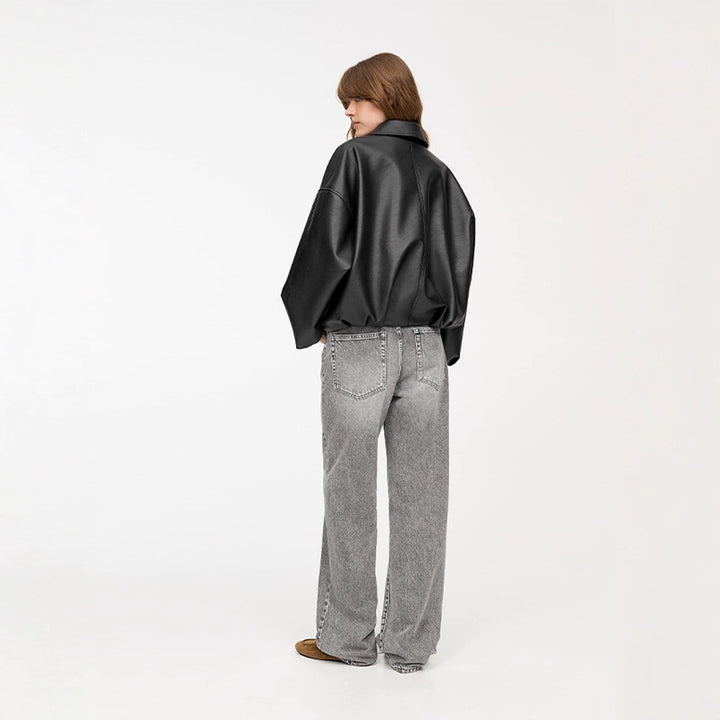 Damen Modische Kunstlederjacke mit weitem Schnitt und Taillengürtel Drune