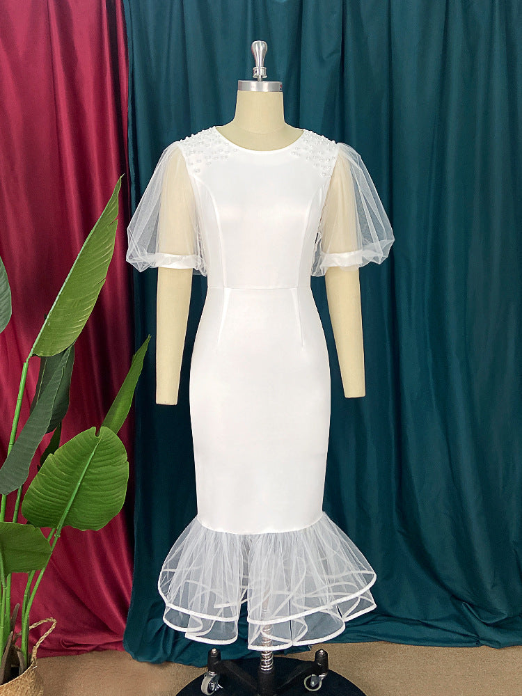 Damen elegantes figurbetontes Kleid mit Tüllärmeln und Rüschenabschluss Drune