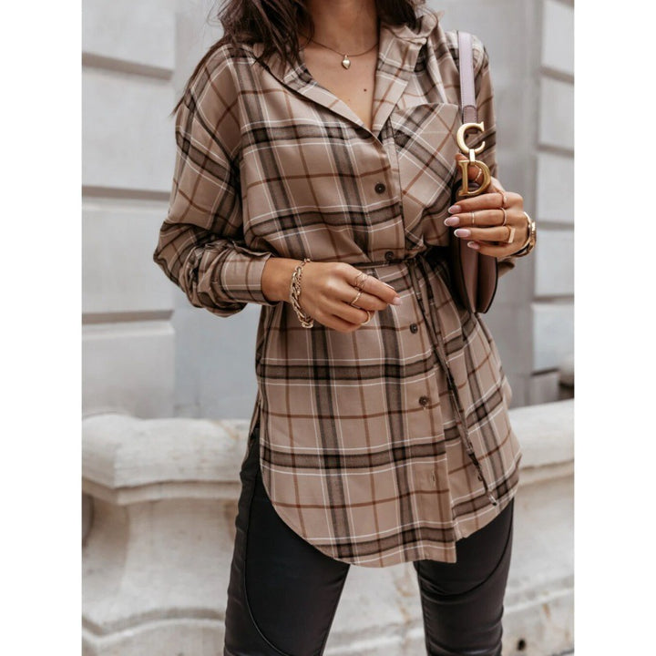 Damen Langarm-Hemdblusenkleid mit taillierbarem Gürtel und modischem Karo-Design Drune