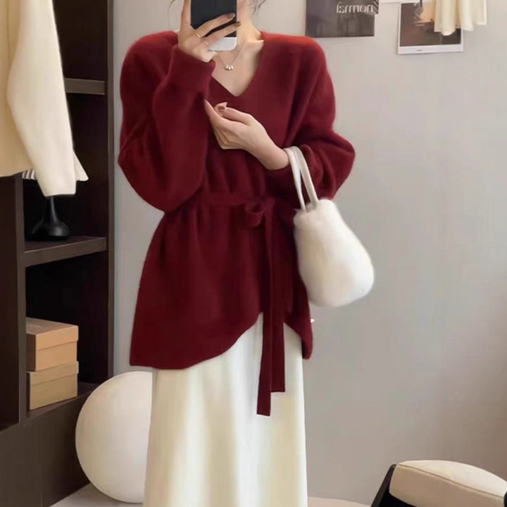 Damen Strickjacke mit elegantem V-Ausschnitt und Taillengürtel Drune