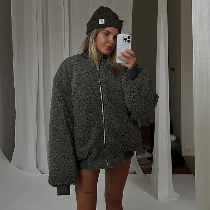 Damen gemütliche Teddyjacke mit hohem Kragen Drune