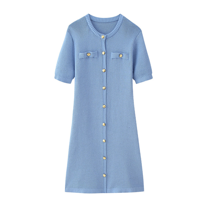 Damen Strickkleid mit kurzen Ärmeln und Knopfleiste Drune