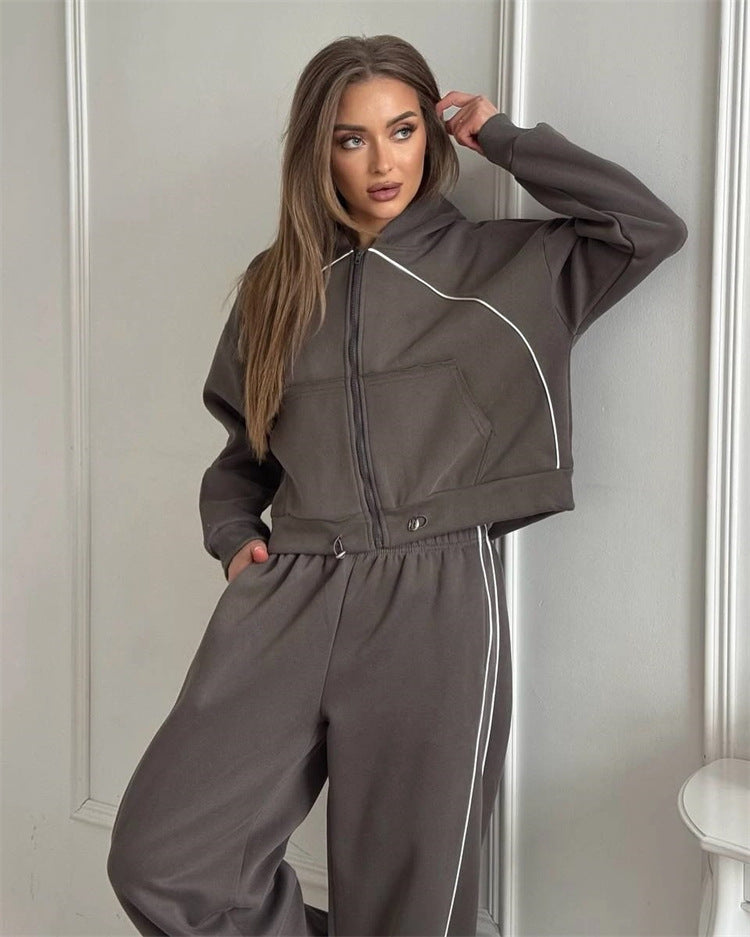 Damen sportlicher Kapuzenjacken- und Jogginghosen-Set mit modernem Design und praktischen Taschen Drune