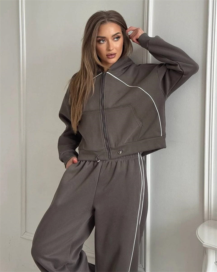Damen Sportliches cropped Kapuzen-Set mit kontrastierenden Paspeln Drune