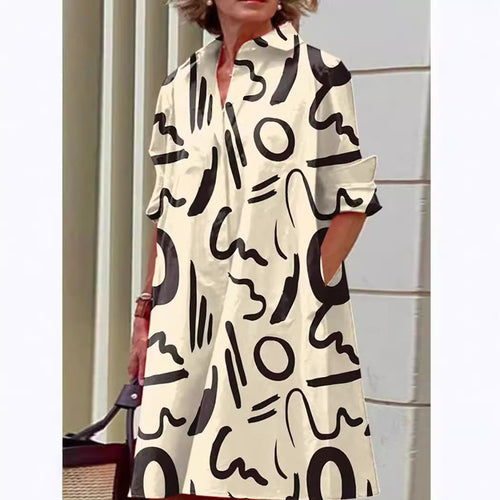 Damen nan A-Linien Hemdblusenkleid mit aufgekrempelten 3/4-Ärmeln und seitlichen Eingrifftaschen Drune
