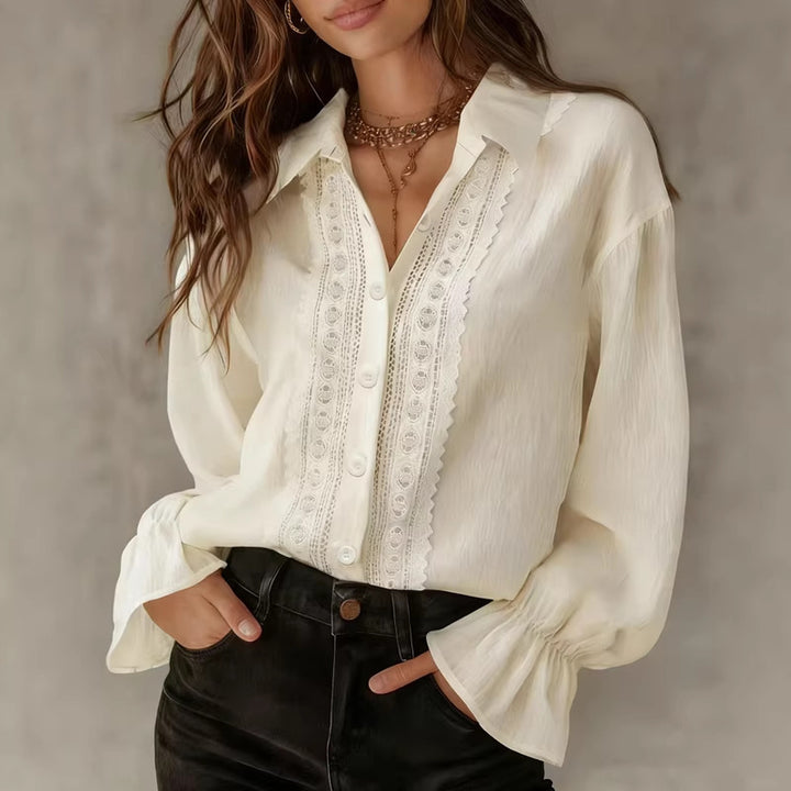 Damen elegante Bluse mit Spitzendetails und Ballonärmeln Drune