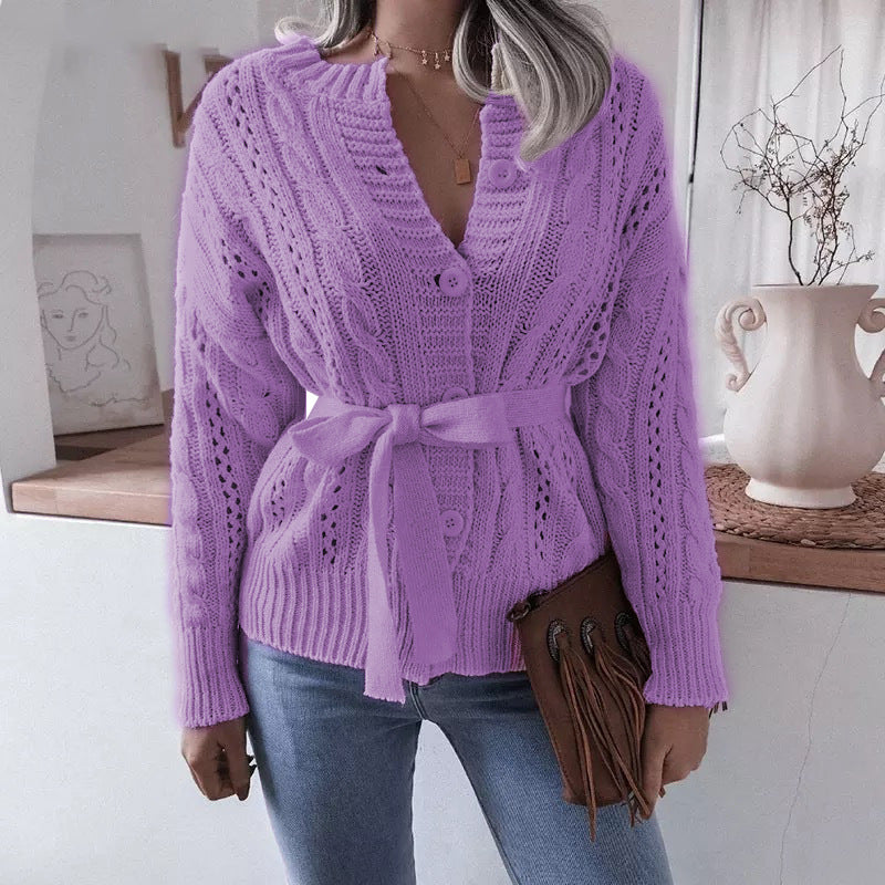 Damen Strickjacke mit gewaschenem Zopfmuster und Taillengürtel Drune