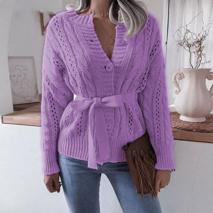 Damen Strickjacke mit gewaschenem Zopfmuster und Taillengürtel Drune