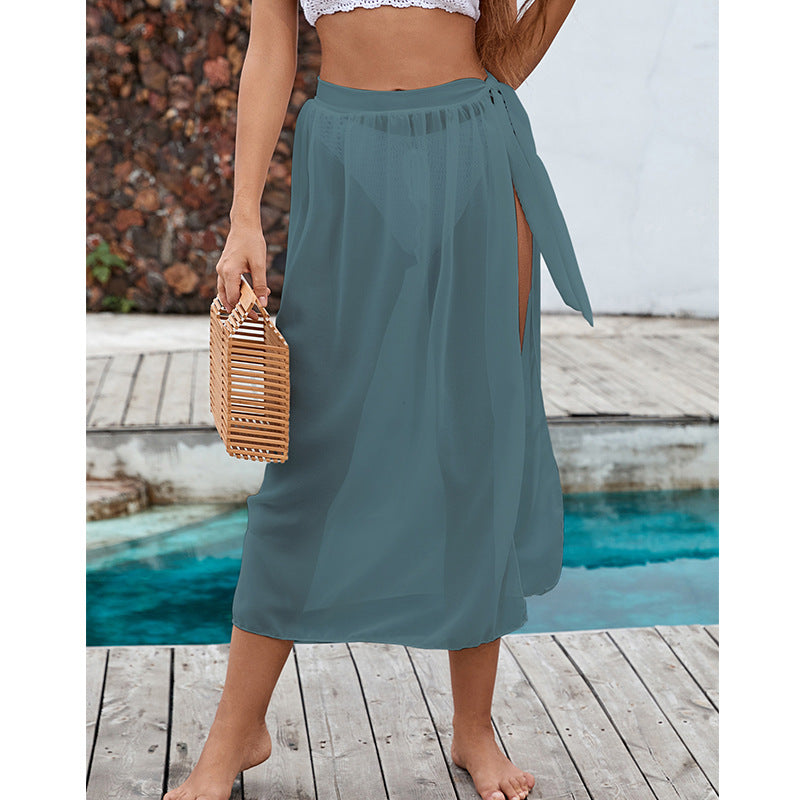 Damen eleganter transparenter Strandrock mit seitlichem Schlitz und bindbarem Gürtel Drune