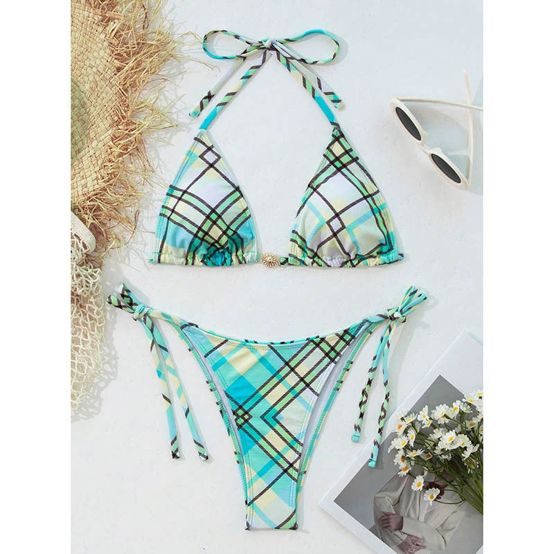 Damen Triangel-Bikini-Set mit verstellbaren Bindebändern und stilvollem Karomuster Drune