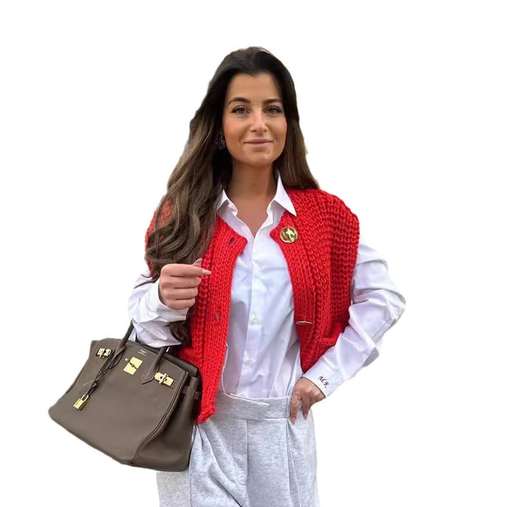 Damen modische Strickweste mit dekorativen Knopfdetails und praktischen Taschen Drune