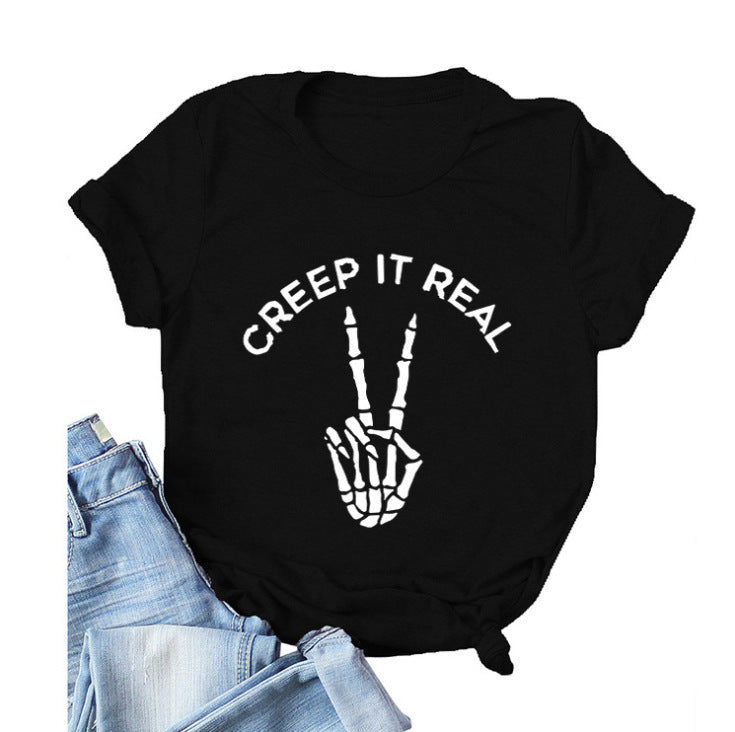 Damen Kurzarm Grafik-T-Shirt mit verspieltem Skelettdesign Drune