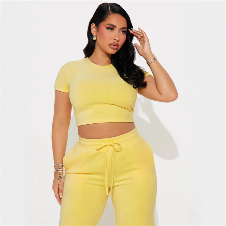 Damen weiches Velours-Loungewear-Set mit cropped Oberteil und lockerer Hose Drune