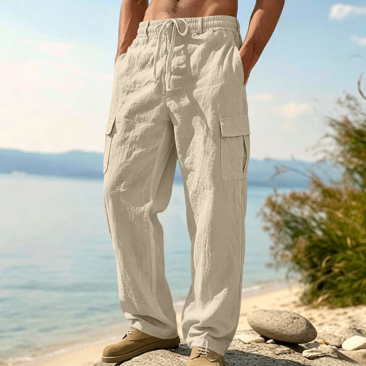 Herren nan entspannt geschnittene Strand-Cargohose aus Leinenblend mit elastischem Tunnelzug und zweifacher Klapptasche Drune