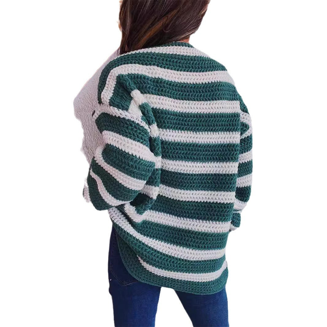 Damen lässiger Grobstrickpullover mit gestreiftem Design Drune