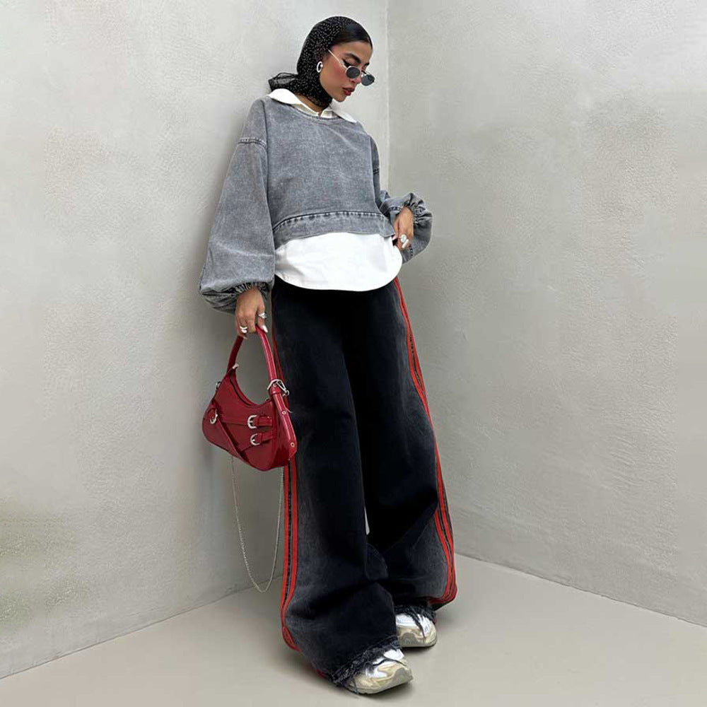 Damen Oversized Denim-Look Pullover mit voluminösen Ärmeln Drune