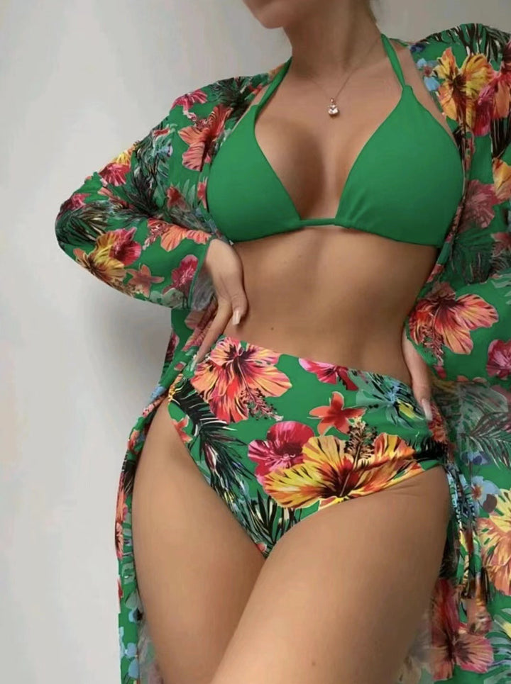 Damen Hochgeschnittener Bikini mit floralem Design und raffiniertem Wickeloberteil Drune