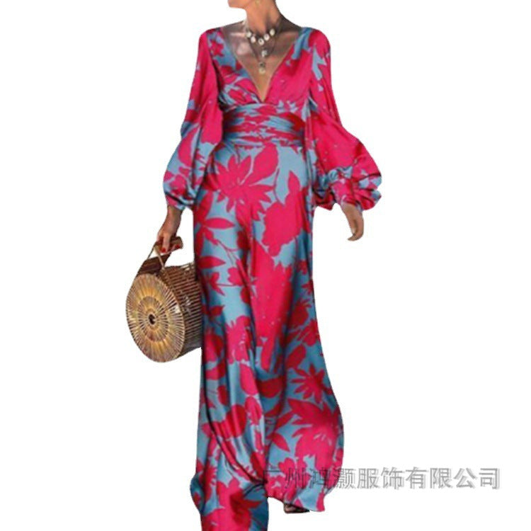 Damen Maxikleid mit schimmerndem floralem Design und elegantem V-Ausschnitt Drune