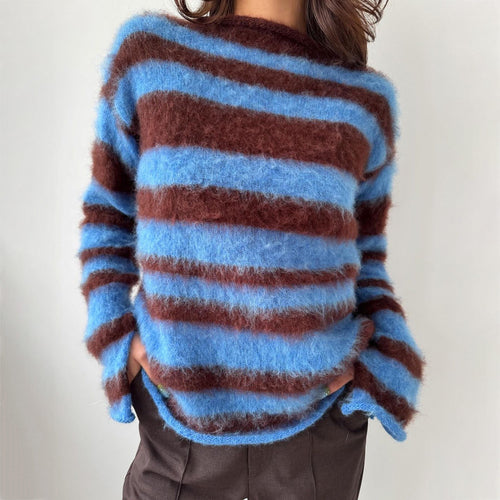 Damen Mohair-Strickpullover mit modischem Streifenmuster Drune