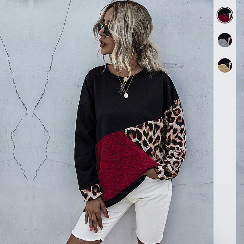 Damen lässiger Sweatshirt mit animalischen Mustern und kreativen Farbblöcken Drune