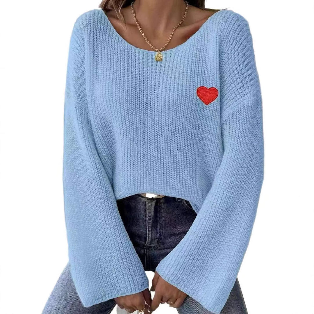 Damen Lockere Strickpullover mit Herzapplikation Drune