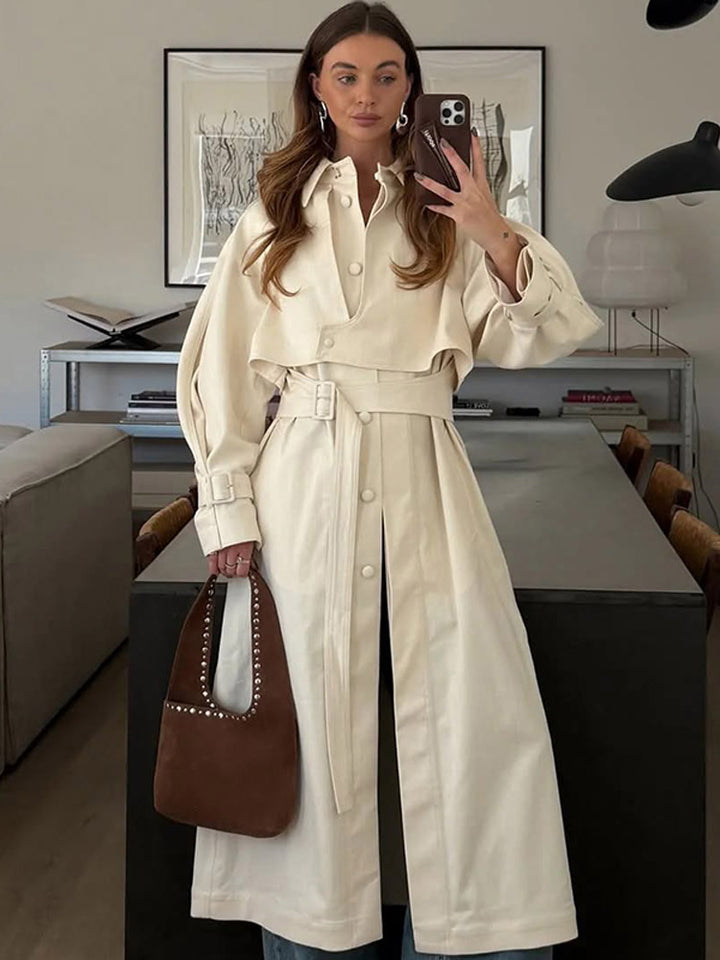 Damen Langer Trenchcoat mit breitem Kragen und taillierbarem Gürtel Drune