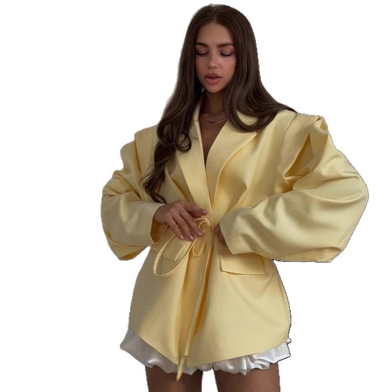 Damen Oversized Blazer mit Bindegürtel und praktischen Taschen Drune