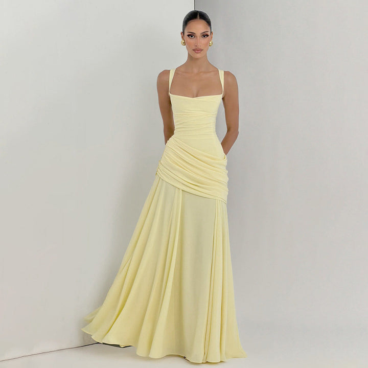 Damen Elegantes Maxikleid mit raffiniertem Raffung und schmalen Spaghetti-Trägern Drune