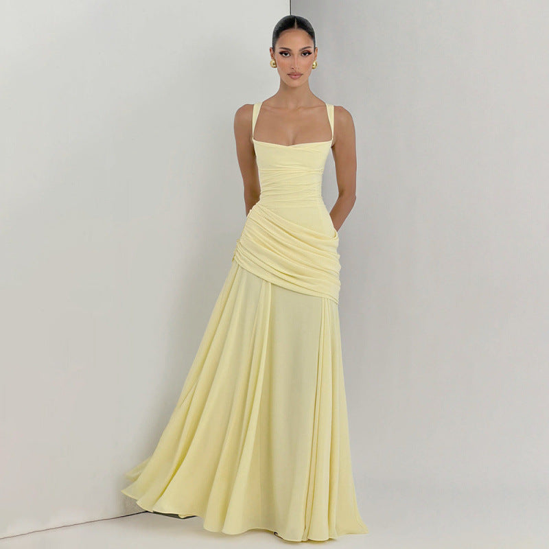 Damen Elegantes Maxikleid mit raffiniertem Raffung und schmalen Spaghetti-Trägern Drune
