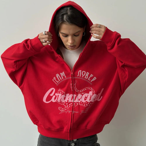 Damen oversized Kapuzenjacke mit kreativem Druck Drune