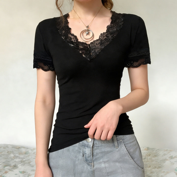 Damen Elegantes Spitzen-T-Shirt mit V-Ausschnitt und Kurzarm Drune