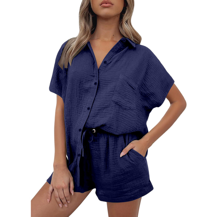 Damen lässiges Kurzarm-Hemd und Shorts Set aus strapazierfähigem Baumwollmaterial mit praktischen Taschen und elastischem Bund Drune