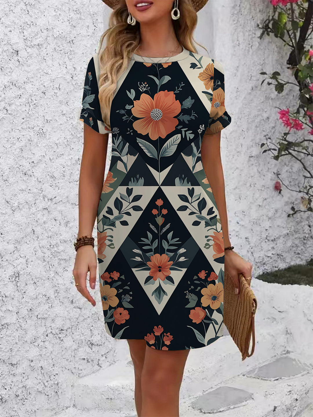 Damen lässiges Kurzarmkleid mit modernem Hahnentrittmuster und bequemer Passform Drune